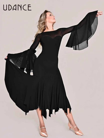 UDANCE ballroom pendulum body suit pendulum sleeve body suit lotus leaf sleeve mesh splicing top AMD11