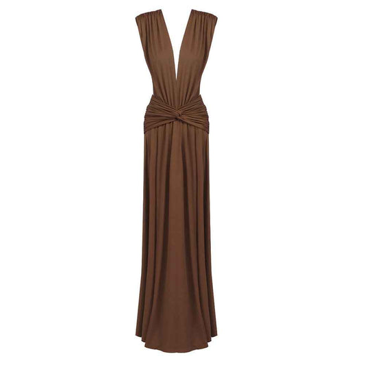 BD2673 Twist gathered sleeveless deep V dress