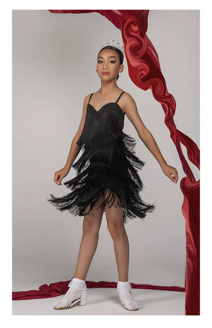WJ Latin dance suspender fringed dress for girls 2025 new backless practice clothes competition flower clothes