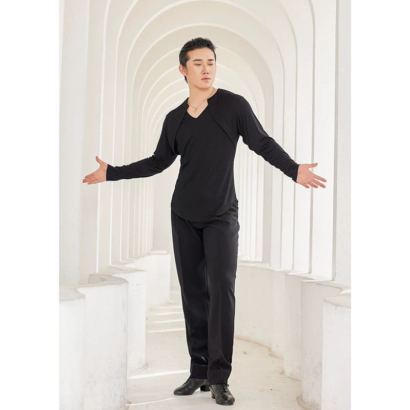 Dongxin dance suit, Tencel shoulder-sleeved men's top, international Latin dance practice suit pullover long-sleeved T-shirt NY600