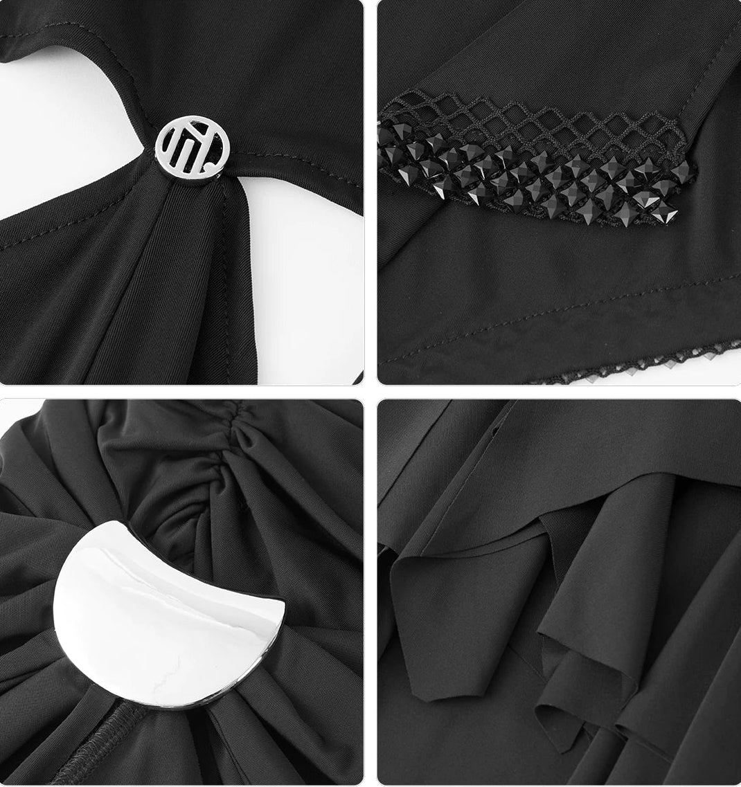 Black dress with detailed features on a white background