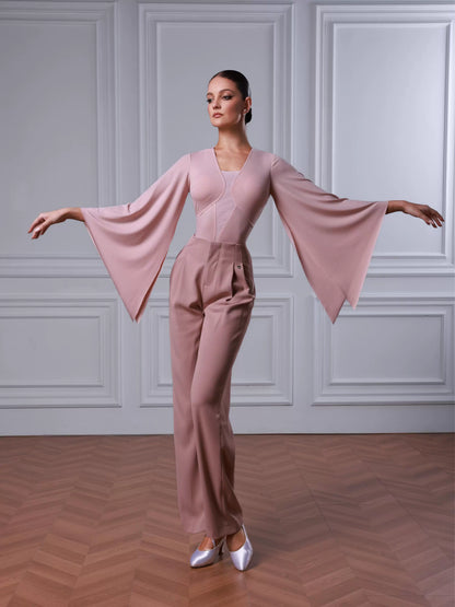 TID brand modern dance suit, new split practice suit, big swing, floating sleeve one-piece top, national ballroom dance straight-leg pants.