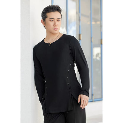 Dongxin dance clothes, three-dimensional cut slit Tencel top, Latin dance practice clothes, long-sleeved men's crew neck T-shirt NY652.