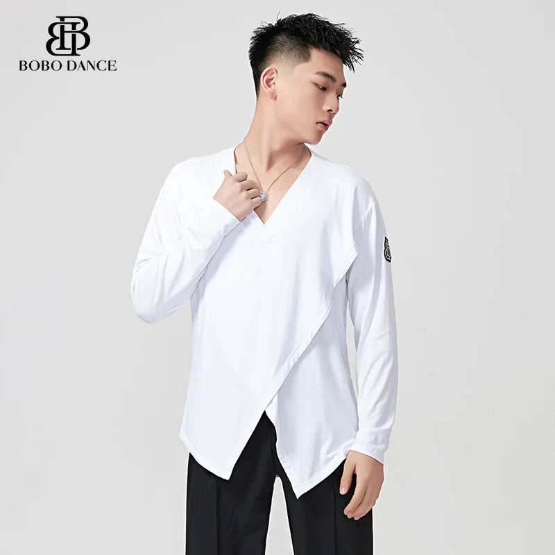 BOBO.L073 Boys Latin Dance Suit Crew Neck Black and White T-Shirt Men's Ballroom Dance Professional Latin Practice Suit Dance Top