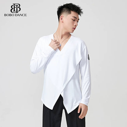 BOBO.L073 Boys Latin Dance Suit Crew Neck Black and White T-Shirt Men's Ballroom Dance Professional Latin Practice Suit Dance Top