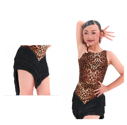 DUYQ children's style "Leopard Hidden Summer Ying" 003 slanted shoulder one-piece top Latin dance girls' practice clothes professional - Mine·Jas