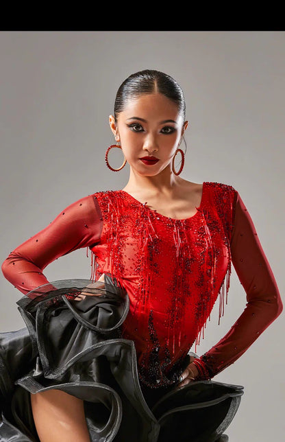 YUN.L033FDD BLACK AND RED LADIES LATIN COSTUME