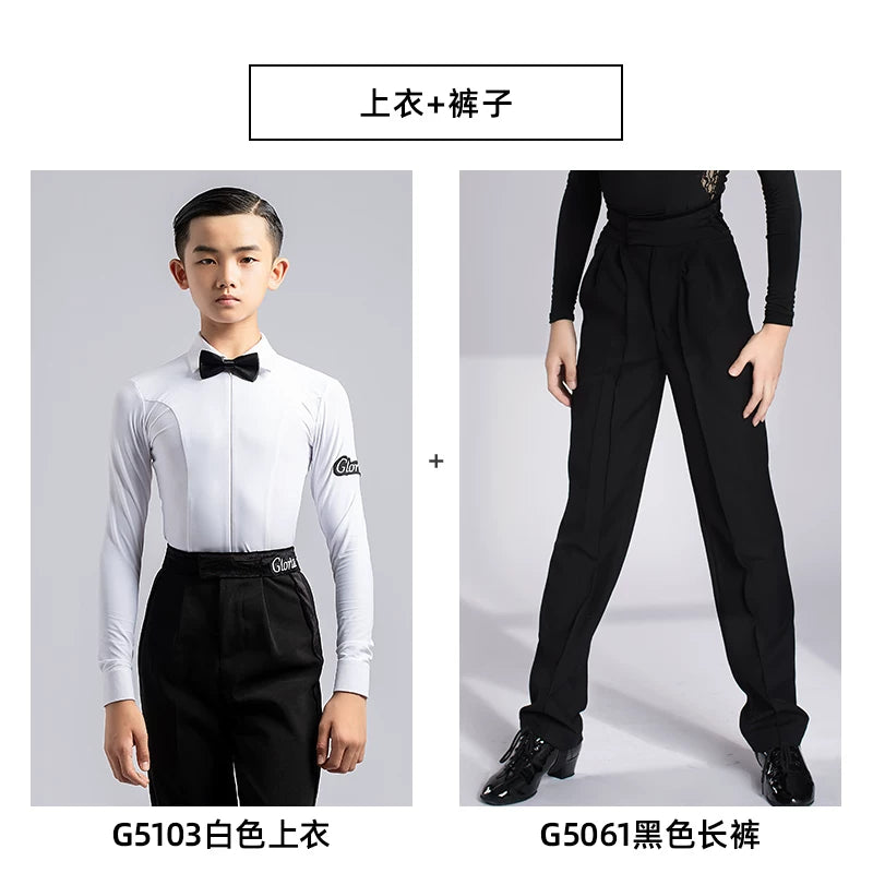 G.DANCE Children's Dance Costume Boys Latin Modern Dance White Shirt Trousers Performance Competition Regulations Uniform 5103