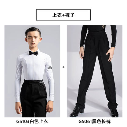 G.DANCE Children's Dance Costume Boys Latin Modern Dance White Shirt Trousers Performance Competition Regulations Uniform 5103