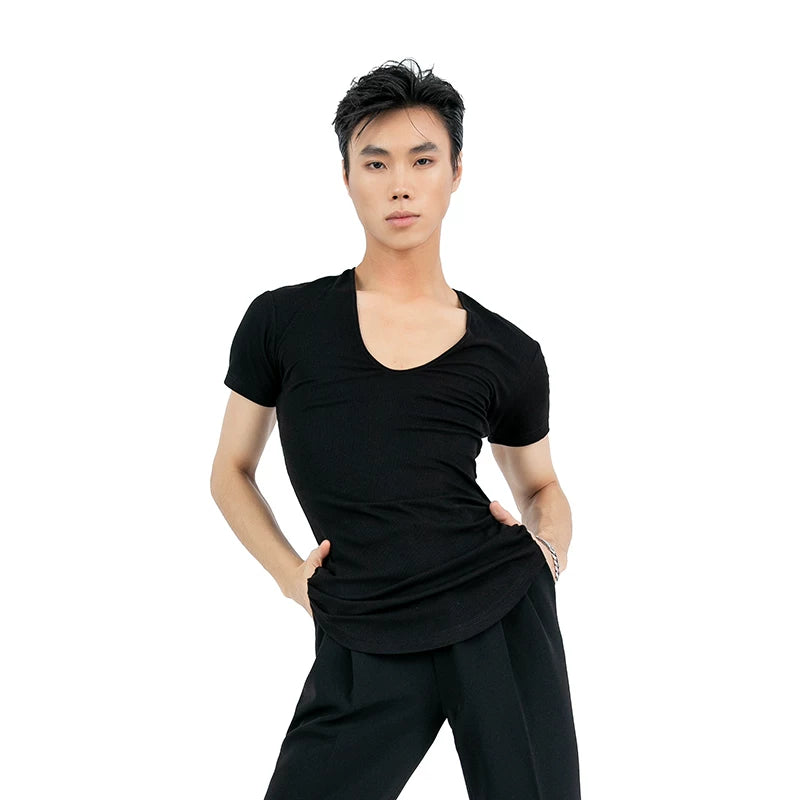 DONG XIN.NY106 dance shirt, short-sleeved V-neck white T-shirt, men's professional Latin practice top