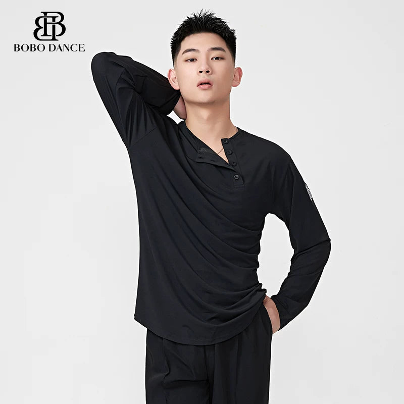 BOBO.L074 Boys Latin Dance Suit Crew Neck Black and White T-Shirt Men's Ballroom Dance Professional Latin Practice Suit Dance Top
