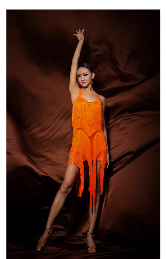WJJdance Latin dance dress women's new neck strap arc tassel national standard practice suit competition