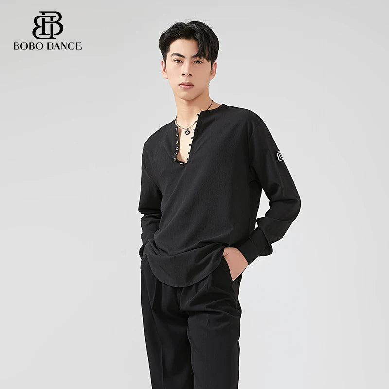 BOBO Boys Latin Dance Suit V-Neck Black and White Dance Top T-Shirt Men's Ballroom Dance Professional Latin Practice Suit