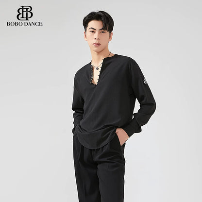 BOBO Boys Latin Dance Suit V-Neck Black and White Dance Top T-Shirt Men's Ballroom Dance Professional Latin Practice Suit