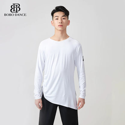 BOBO DANCE Boys Latin Dance Suit Crew Neck Black and White T-Shirt Men's Ballroom Dance Professional Latin Practice Suit Dance Top