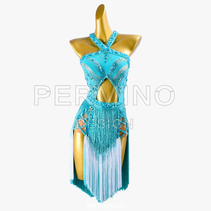 PERMINO.L040F Enchanting Turquoise Fringe Dance Costume