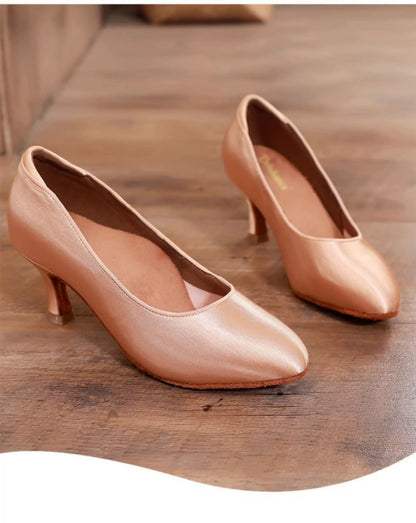 DRH-205 Women's Round Toe Ballroom Dance Soft Sole Practice Shoes for Tango & Waltz, Satin Upper, Wide Fit, No Strap - Mine·Jas