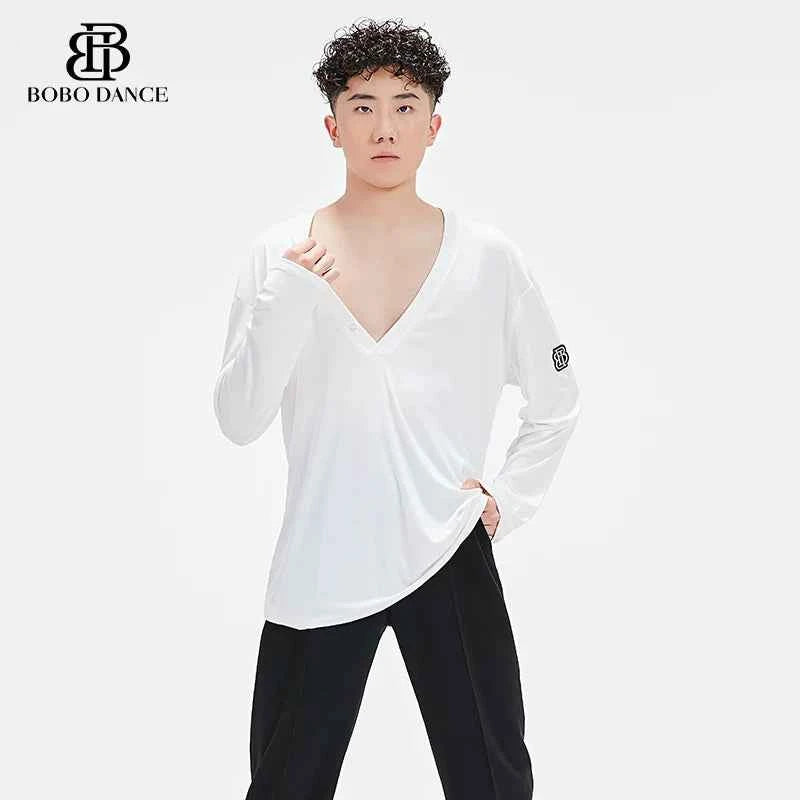 BOBO Boys Latin Dance Suit V-Neck Long Sleeve T-Shirt Men's Ballroom Dance Professional Latin Practice Suit Dance Top