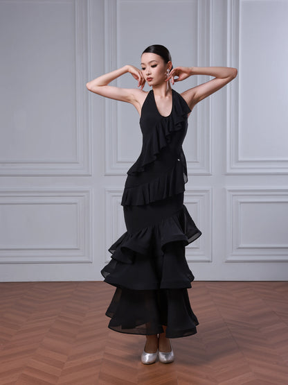TID neck dress, multi-layer skirt, large swing skirt, high-end ballroom dance skirt