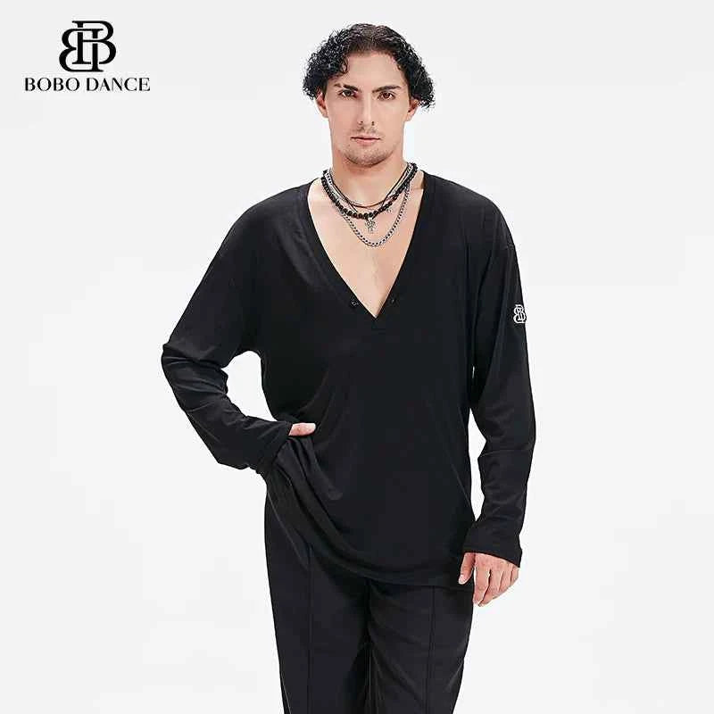 BOBO Boys Latin Dance Suit V-Neck Long Sleeve T-Shirt Men's Ballroom Dance Professional Latin Practice Suit Dance Top
