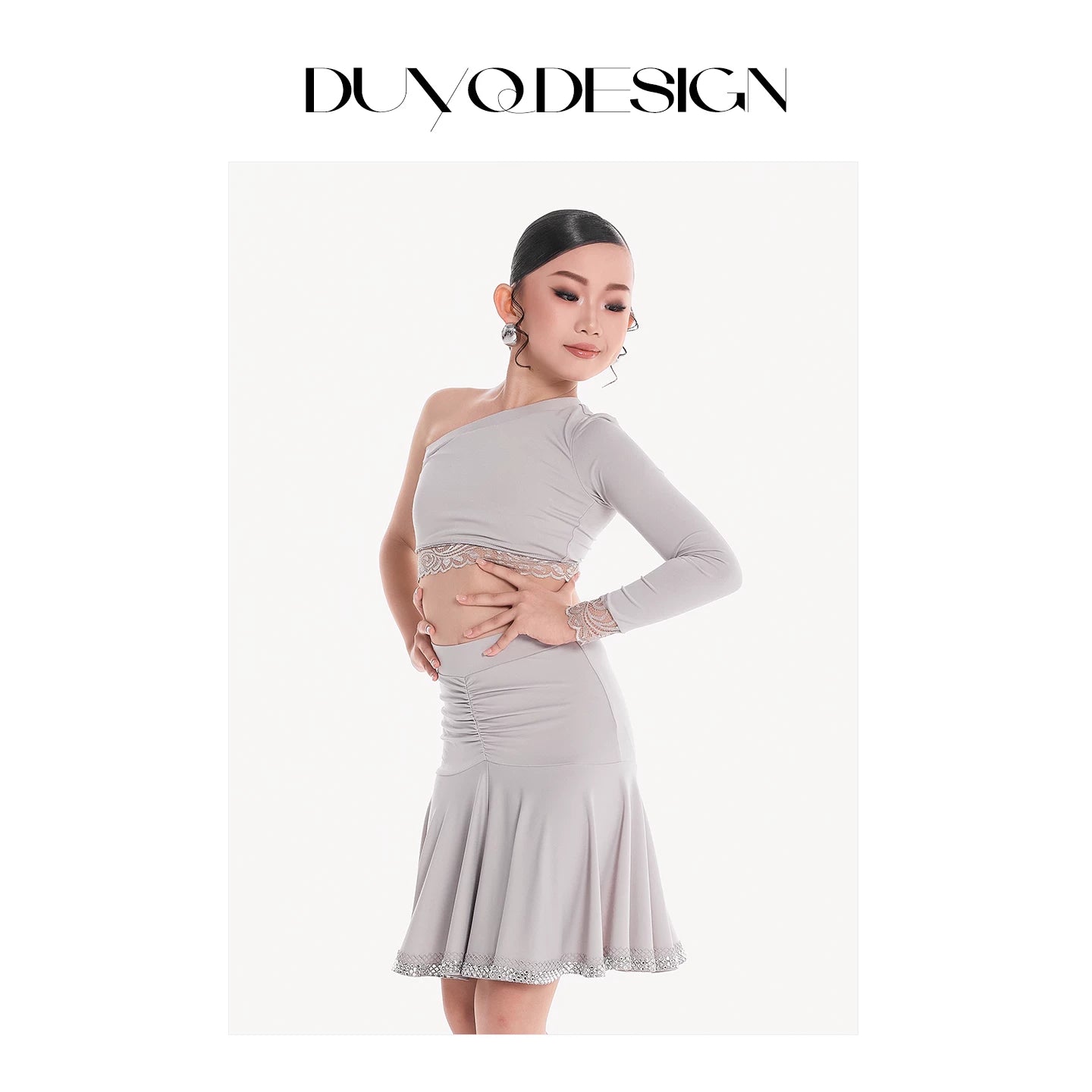 DUYQ children's style "Mountain Awakening Spring" 003 classic slanted shoulder short Latin dance girls' practice clothes professional