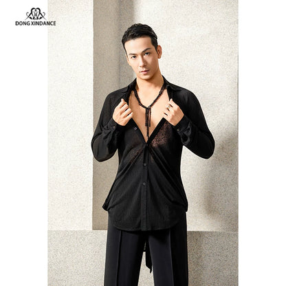 Dongxin Dance Latin Dance Men's Shirt, Front Short Back Long Practice Suit Training Suit NY851