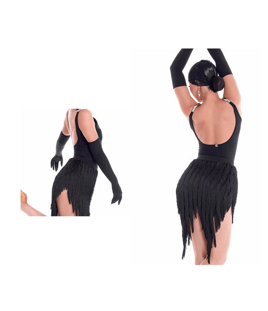 Black fringe dress with long gloves and headpiece on a white background
