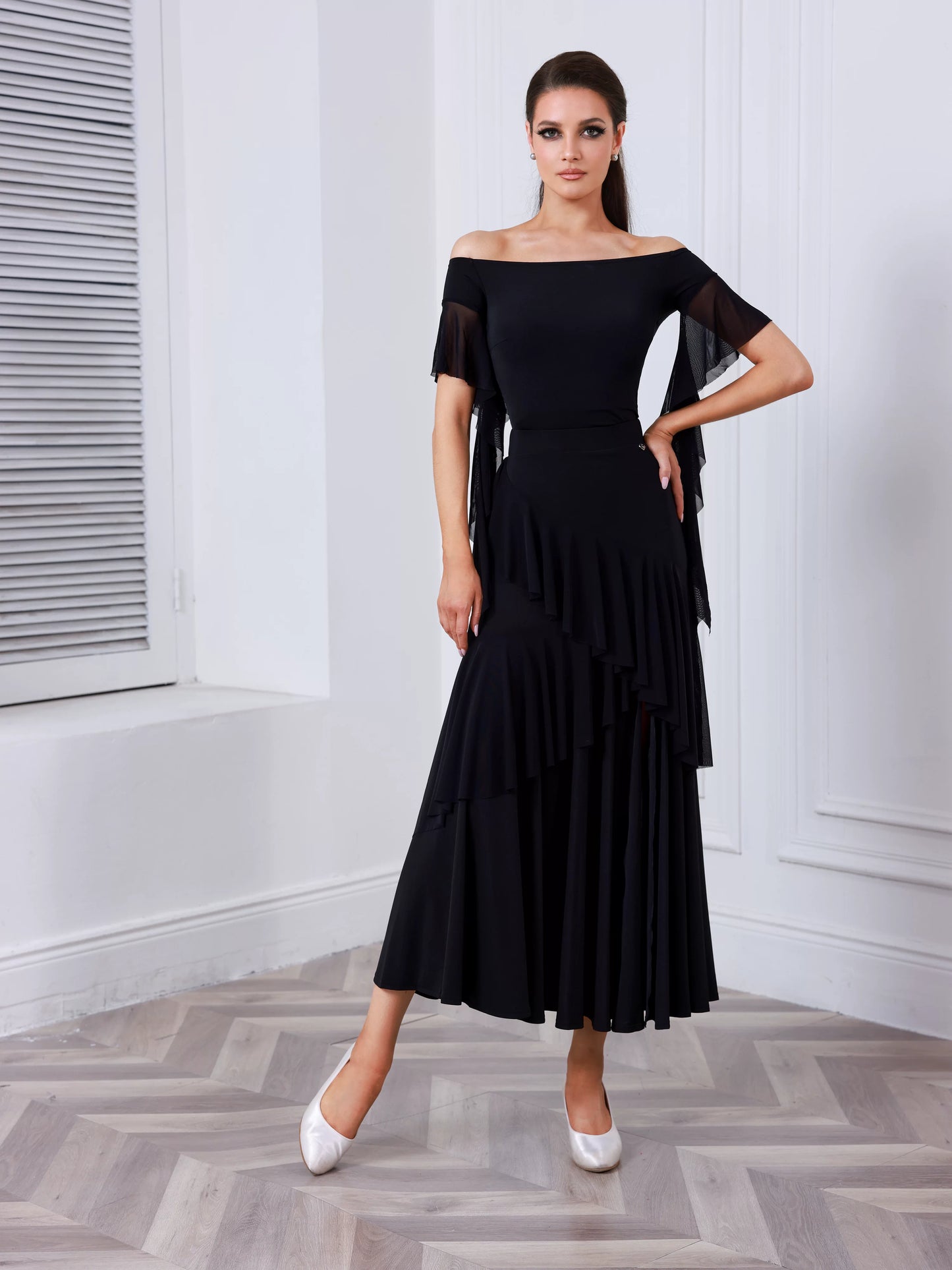 TID new ballroom practice top and skirt advanced one-word shoulder ballroom dance skirt and top B060/S039