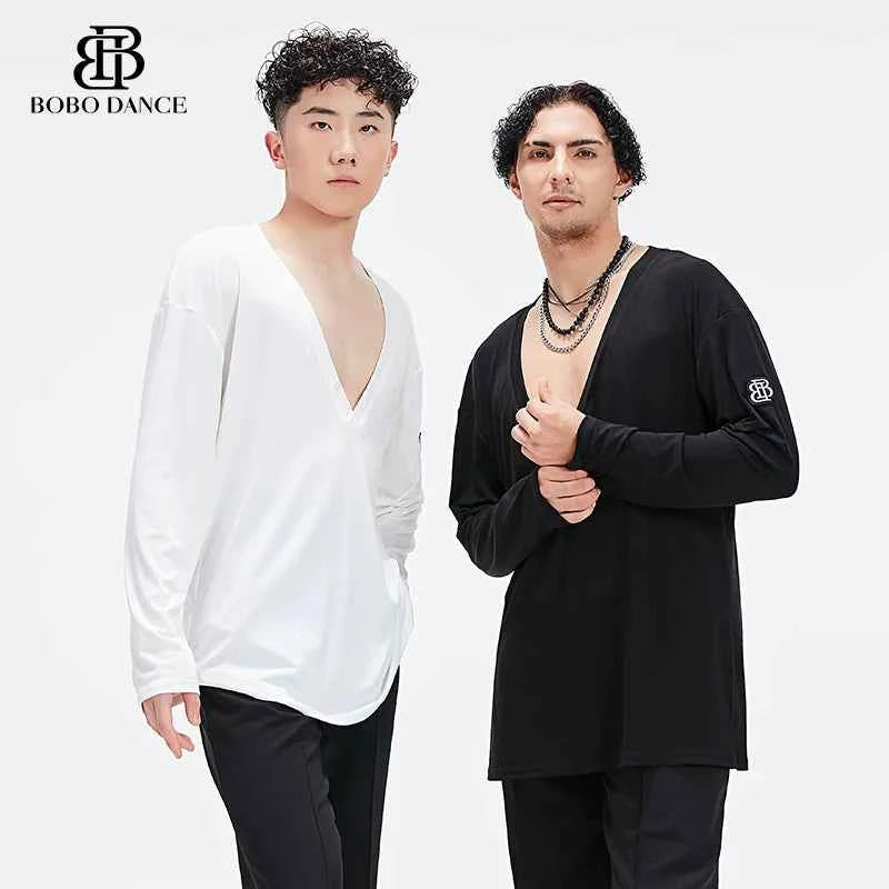BOBO Boys Latin Dance Suit V-Neck Long Sleeve T-Shirt Men's Ballroom Dance Professional Latin Practice Suit Dance Top