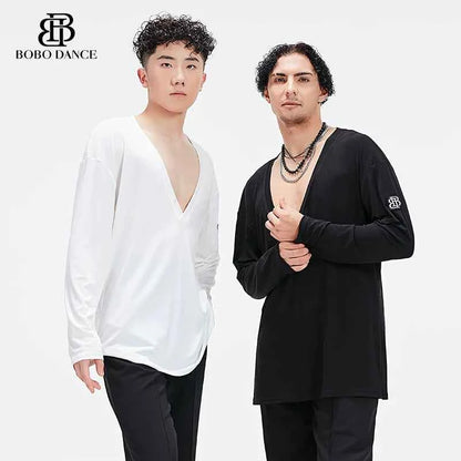 BOBO Boys Latin Dance Suit V-Neck Long Sleeve T-Shirt Men's Ballroom Dance Professional Latin Practice Suit Dance Top