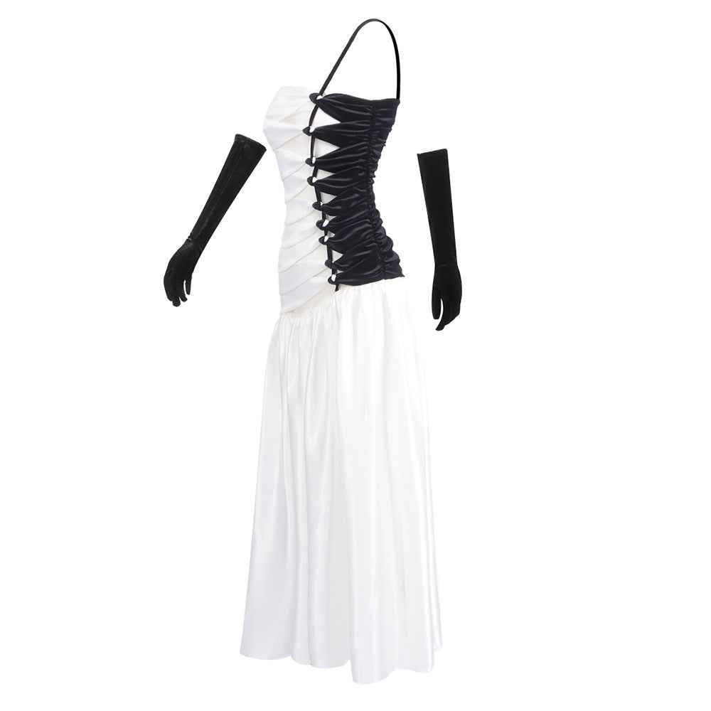 BD2597 Mermaid one-shoulder black and white contrasting satin dress