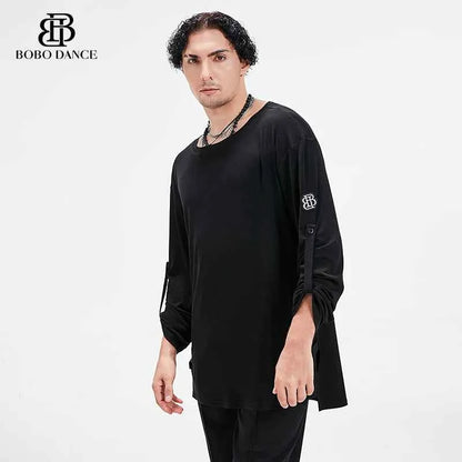 BOBO Boys Latin Dance Suit Crew Neck Black and White T-Shirt Men's Ballroom Dance Professional Latin Practice Suit Dance Top