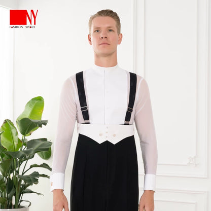 NY Fashion Men's Mesh Stand-Up Collar Long Sleeve Competition Shirt Tango Foxtrot Shirt 24138-S