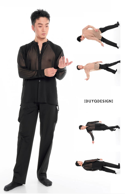 DUYQ "Men's Series" 008 Black three-dimensional pocket drawstring elastic waist trousers Latin dance suit professional