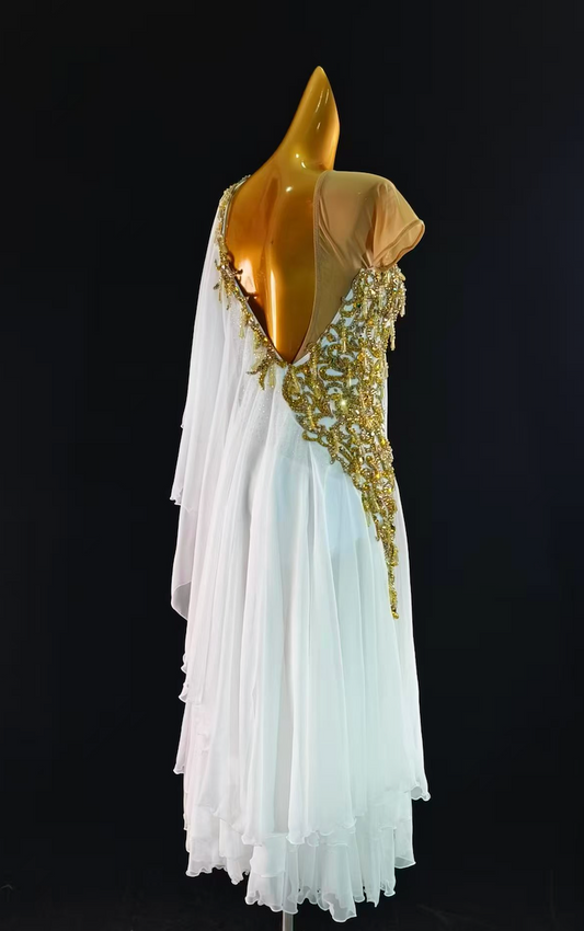 MINEJAS.S109W White Ballroom Smooth Dress with Gold Appliqué – Women’s American Standard Competition Gown