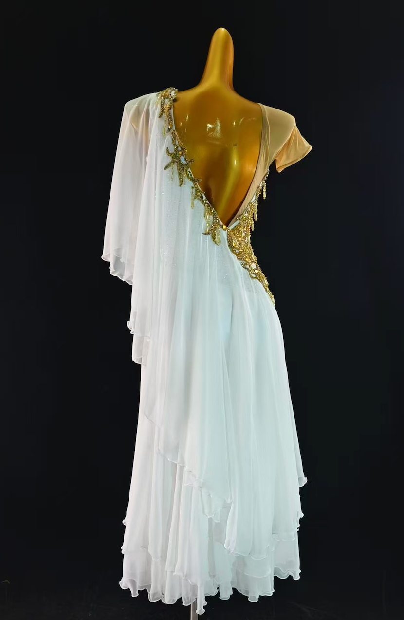 MINEJAS.S109W White Ballroom Smooth Dress with Gold Appliqué – Women’s American Standard Competition Gown