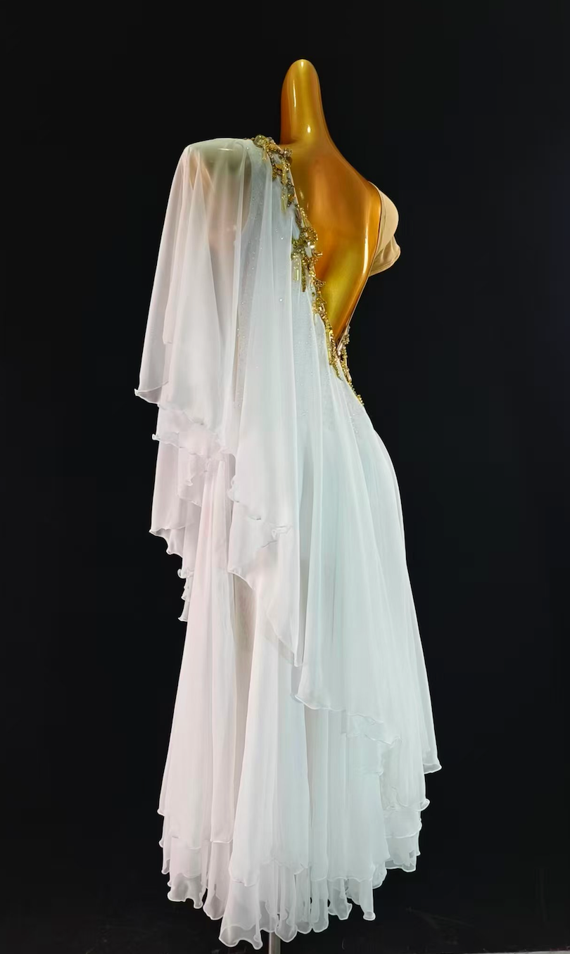 MINEJAS.S109W White Ballroom Smooth Dress with Gold Appliqué – Women’s American Standard Competition Gown