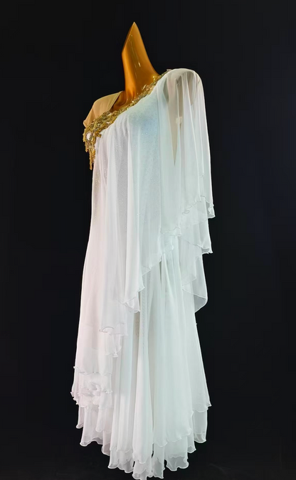 MINEJAS.S109W White Ballroom Smooth Dress with Gold Appliqué – Women’s American Standard Competition Gown