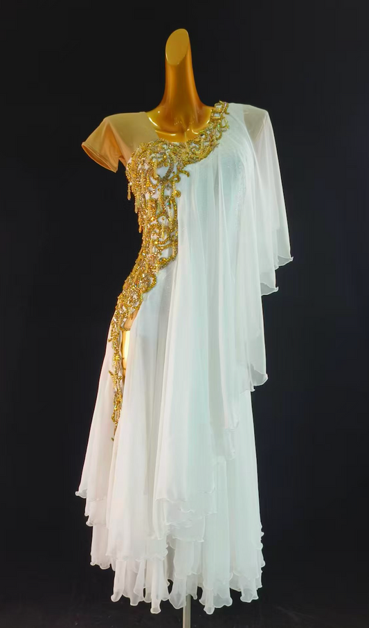 MINEJAS.S109W White Ballroom Smooth Dress with Gold Appliqué – Women’s American Standard Competition Gown