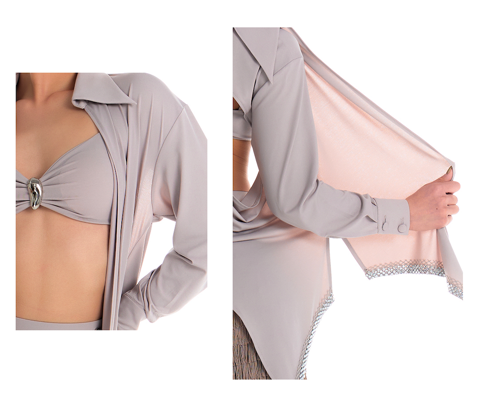 DUYQ 019 Lapel Diamond Trim Top for Latin Dance