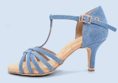ABA.L100FE Women's Denim T-Strap Latin Dance Shoes - Mine·Jas