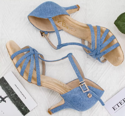 ABA.L100FE Women's Denim T-Strap Latin Dance Shoes - Mine·Jas