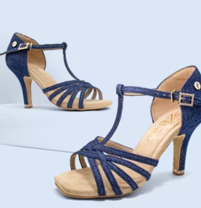 ABA.L101FE Ladies Dark Denim T-Strap Latin Dance Shoes - Mine·Jas