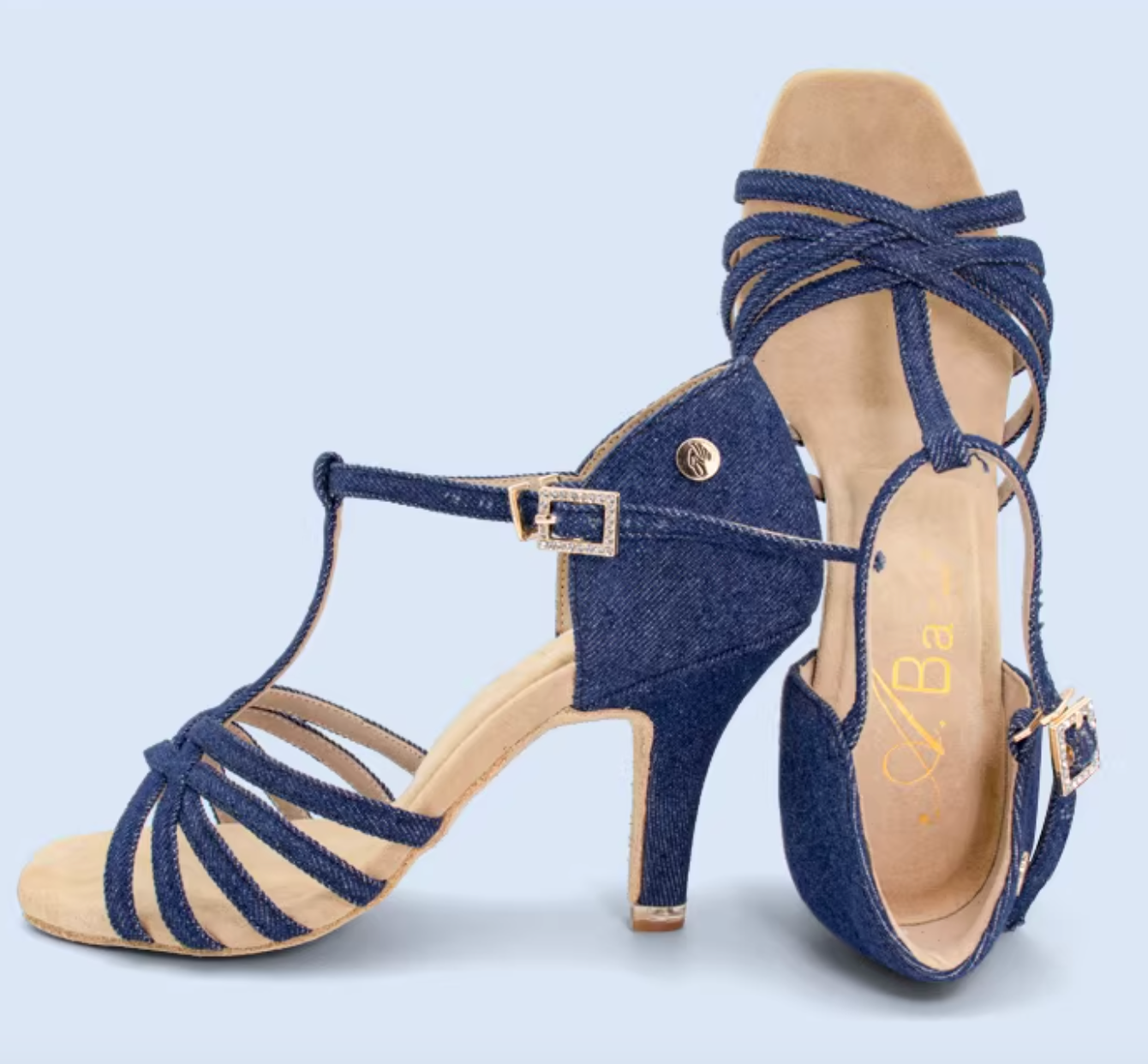 ABA.L101FE Ladies Dark Denim T-Strap Latin Dance Shoes - Mine·Jas