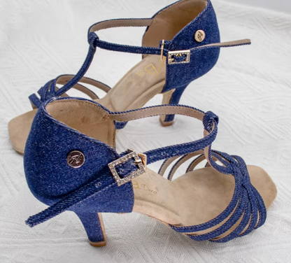 ABA.L101FE Ladies Dark Denim T-Strap Latin Dance Shoes - Mine·Jas