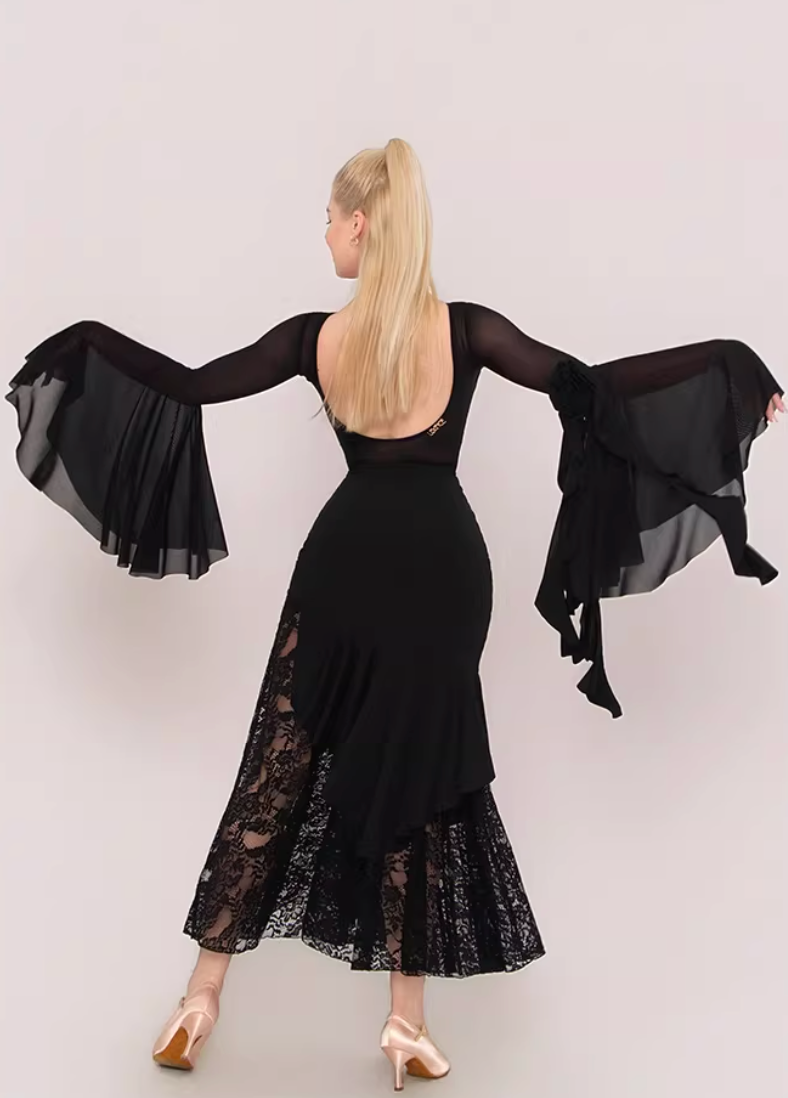 UDANCE ballroom pendulum body suit pendulum sleeve body suit lotus leaf sleeve mesh splicing top AMD11