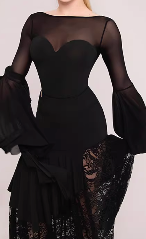 UDANCE ballroom pendulum body suit pendulum sleeve body suit lotus leaf sleeve mesh splicing top AMD11