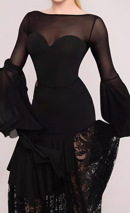 UDANCE ballroom pendulum body suit pendulum sleeve body suit lotus leaf sleeve mesh splicing top AMD11