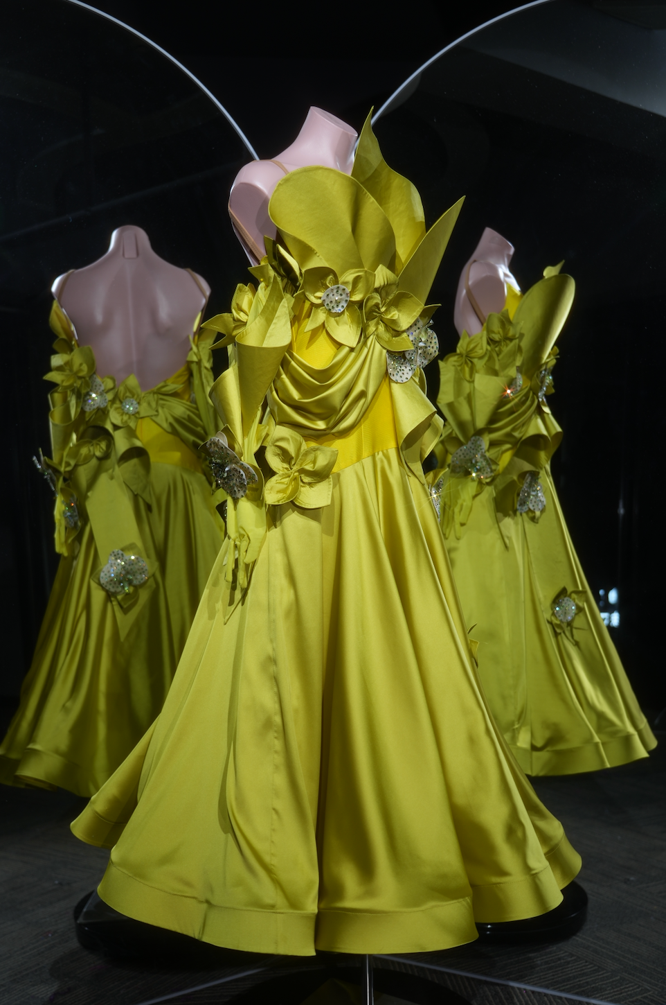 MINEJAS.L522 Sunshine Yellow Satin Ballroom Dance Dress with 3D Floral Appliqués | Strapless Standard Competition Gown
