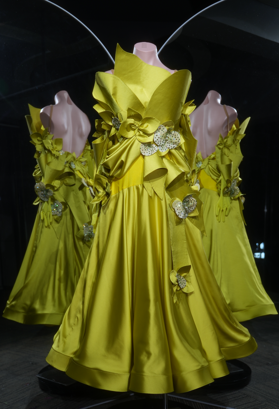 MINEJAS.L522 Sunshine Yellow Satin Ballroom Dance Dress with 3D Floral Appliqués | Strapless Standard Competition Gown